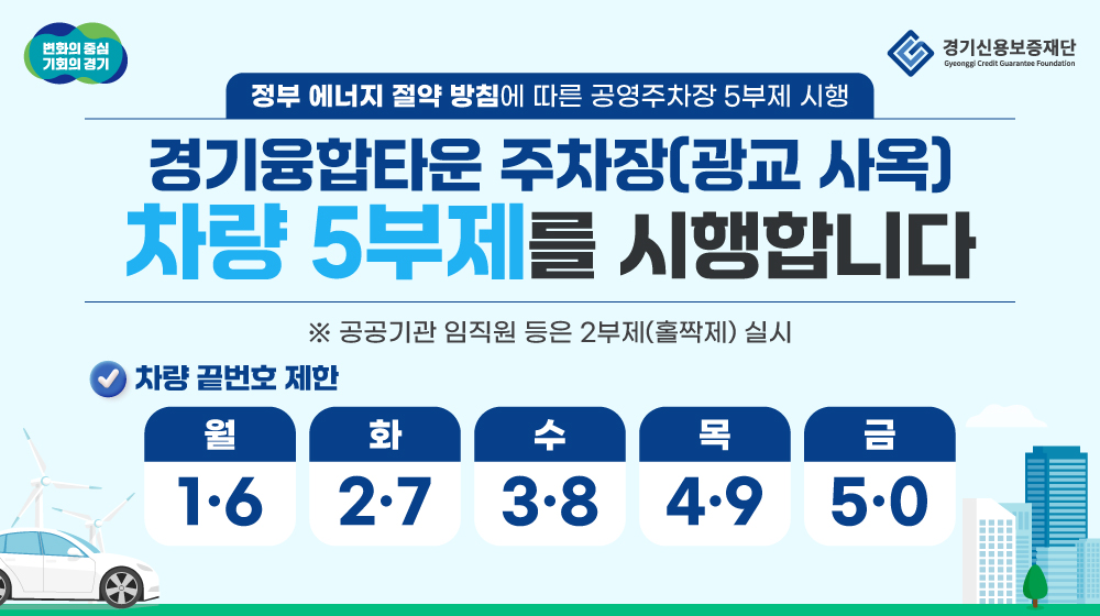 경기신용보증재단 광교 사옥 주차장 차량 5부제 시행 안내